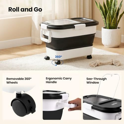 Dog Food Storage Container 15-25lbs, Airtight Pet Food Bin with Locking Lid & Clear Window, Collapsible Rolling Storage Container with Wheels & Scoop, Black - color: Black-M