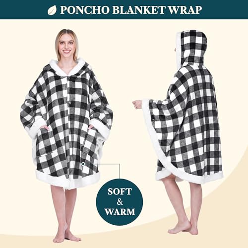 PAVILIA Hooded Blanket Poncho Fleece Wearable Shawl Wrap Throw, Plaid White | Fleece Shawl Wrap with Hood, Adult Wearable Blanket, Cozy Warm Poncho Cape Throw with Pockets, Gift for Elderly Mom - color: Checker White