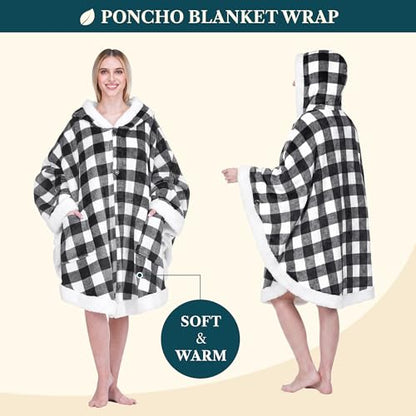 PAVILIA Hooded Blanket Poncho Fleece Wearable Shawl Wrap Throw, Plaid White | Fleece Shawl Wrap with Hood, Adult Wearable Blanket, Cozy Warm Poncho Cape Throw with Pockets, Gift for Elderly Mom - color: Checker White