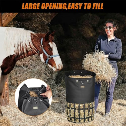 Hay Bags for Horses, Cylindrical Slow Feed Hay Bag | with Rounded Diamond Nets Design for Goats, Horse, Donkey, Large Easy-Fill Top with Drawstring and Adjustable Strap
