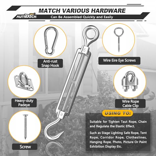 AUTMATCH M6 Hook & Eye Turnbuckle - 304 Stainless Steel Wire Rope Tensioner | Adjustable Turnbuckle for Cable Railing, Fence & Shade Sail Hardware, Wire Rope Tension Kit, 6-Pack, Silver - color: Silver Tone - Hook & Eye, size: M6