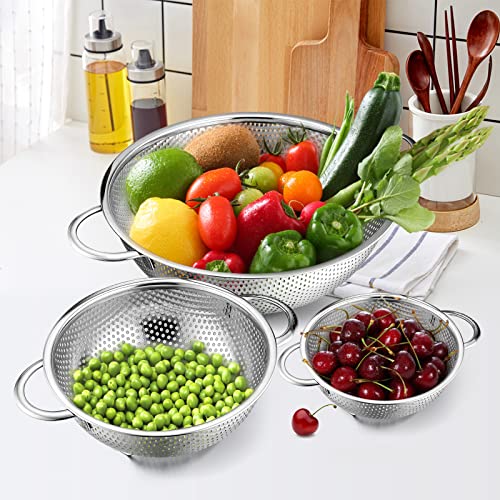 E-far Stainless Steel Colander Set of 3 (1-3-5Quart), Micro-Perforated Metal Colander Strainer with Handle for Kitchen/Draining Pasta/Rinsing Vegetables Fruits, Heavy Duty & Dishwasher Safe - size: 1 + 3 + 5 QT