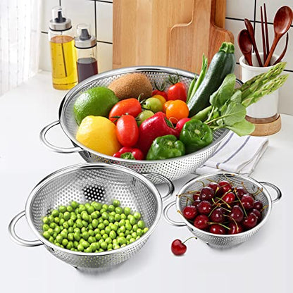 E-far Stainless Steel Colander Set of 3 (1-3-5Quart), Micro-Perforated Metal Colander Strainer with Handle for Kitchen/Draining Pasta/Rinsing Vegetables Fruits, Heavy Duty & Dishwasher Safe - size: 1 + 3 + 5 QT