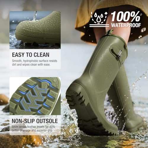 HISEA Women Rain Boots Slim Calf Tall Waterproof Tight PVC Rubber Rainboots - color: Olive Green-slim Calf, size: 7