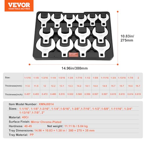 VEVOR Crowfoot Wrench Set, 1/2" Drive 14-Piece SAE (1-1/16" - 2") Crows Foot Wrench Set with Storage Tray, 40CR Material with Laser Etched Sizing, for Mechanical Maintenance and Repairs - size: 1/2" 14 PCS