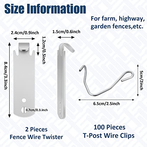 102 Pieces T Post Wire Clips Fence Wire Twister for T Post Clips Galvanized Steel Fence Wire Tensioning Tool for Fixing Fence Wire Clip Garden Farm Highway Sport Fences