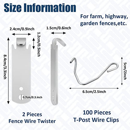 102 Pieces T Post Wire Clips Fence Wire Twister for T Post Clips Galvanized Steel Fence Wire Tensioning Tool for Fixing Fence Wire Clip Garden Farm Highway Sport Fences