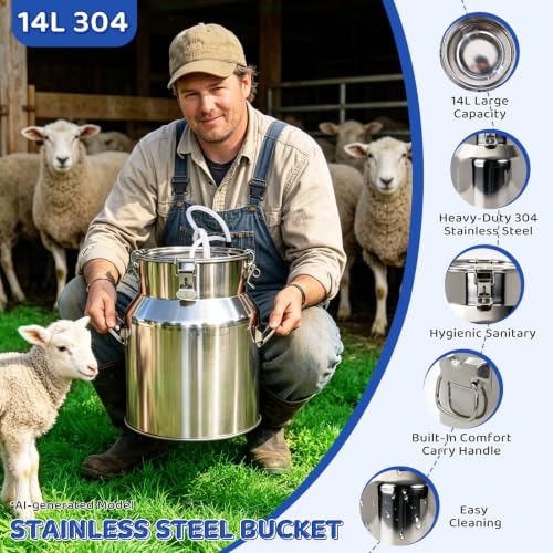 2-in-1 Goat and Cow Milking Machine, 3.7Gal Stainless Steel Bucket with 5200mAh Built-in Rechargeable Battery, Cordless Electric Vacuum Pulsator, 4 Teat Cups, Portable Electric Milking Machine (14L)
