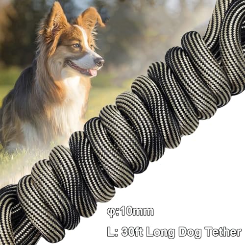 BTINESFUL Dog Tie Out Long Tether Rope Dog Lead for Yard 8/12/20/30/50/75ft - color: Beige Black, size: 30 Foot