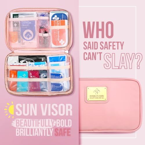 EVERLIT CARE Car First Aid Kit with Emergency Supplies Survival Gear Including Window Breaker Disposable Urine Bag Mountable Survival Kit for Family Travel in Car (Pink) - color: Pink