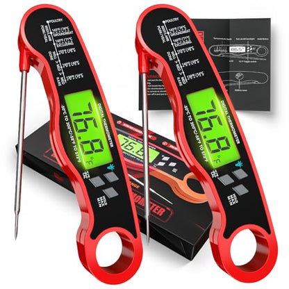 AWLKIM 2 Pack Meat Thermometer Digital, Instant Read Food Thermometer, Red | Waterproof cooking thermometer with doneness chart, backlight, F/C switch for BBQ, candy, oil - color: 2 Pack Red