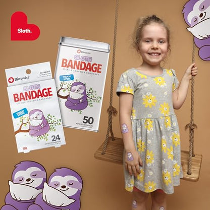 BioSwiss Bandages, Sloth Shaped Self Adhesive Bandage Set, Latex Free, Sterile Wound Care, 50 Count - size: 50-Count Tin, style: Sloth
