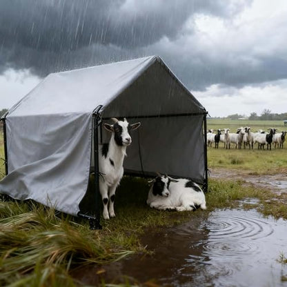 Goat Shelter for Outside, Portable for 2 Goats, 49 x 49 x 43 in Metal Frame | Three-Sided Windbreak Panels And Ground Stakes, For Backyards, Pastures And Small Livestock Enclosures