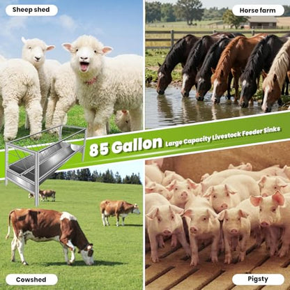85 Gallon Stainless Steel Hay Feeder for Livestock, 2-in-1 Rust-Proof Goat & Sheep Trough with Rack, Heavy Duty Farm Feeder, Reduces Waste & Mess