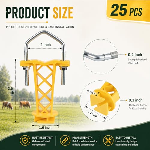 25 Pcs Yellow Tube Electric Fence Insulators Extender with U-Bolt - color: Yellow, size: 25 Pack
