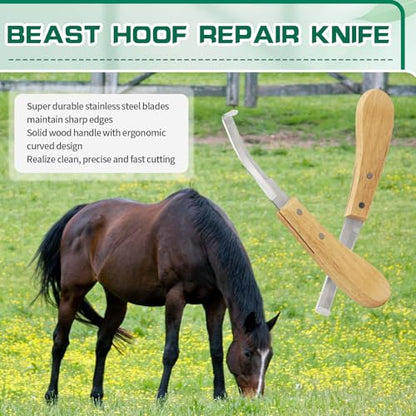 2PCS Stainless Steel Double Edged Hoof Knive with Wooden Handle, Stainless Steel Blade Suitable Hoof Knife for Horses The Toes of Horses, Cows, and Sheep, Repair Knives for Hoof Maintenance