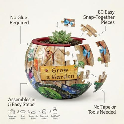'Grow a Garden' 3D Puzzle Planter - 80 Piece Flowerpot Puzzle for Kids & Adults, No Glue Required - Functional Water-Resistant Pot - Includes 3 Mini Hedgehogs & 3 Mushrooms, Spartan & The Green Egg