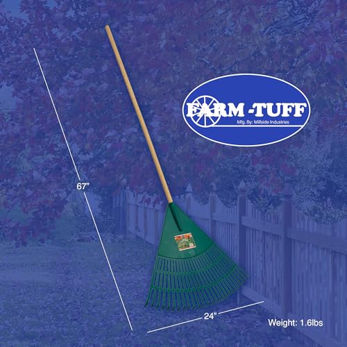 FARM-TUFF 24 Inch Leaf & Lawn Rake with 48 Inch Hardwood Handle - Extra-Wide, Durable Rake for Lawns, Gardens, and Yard Cleanup