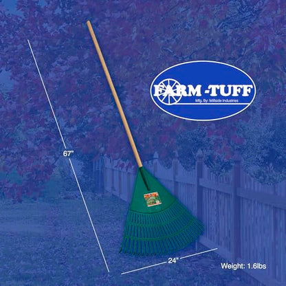 FARM-TUFF 24 Inch Leaf & Lawn Rake with 48 Inch Hardwood Handle - Extra-Wide, Durable Rake for Lawns, Gardens, and Yard Cleanup