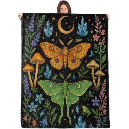 Celestial Moth and Crystal Blanket,50x60in,Cozy Flannel Throw with Mystical Forest Butterfly Mushroom Frog Design,Soft Lightweight Gifts Blankets for Women,Sofa Bed Travel Country Rustic Decor - color: Moth, size: 60"x50"