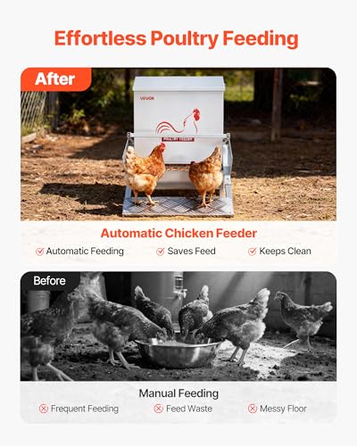 VEVOR Automatic Chicken Feeder, 40 lbs Capacity, Rainproof Treadle Poultry Feeder with Lockable Lid, No Waste, Galvanized Steel Construction, Outdoor Use, for Chicken, Bantams, Poultry, Pheasants
