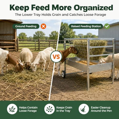 Portable 2 in 1 Livestock Feeder Galvanized Steel Mobile Goat Feeder
