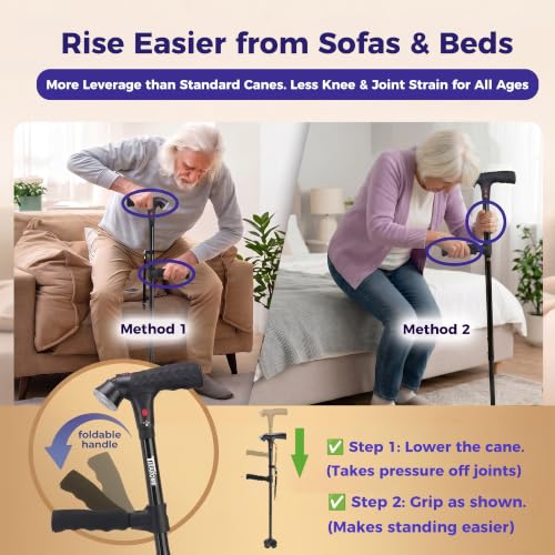 Walking Cane for Men & Women, Smart Cane with Alarm & Light | Foldable,Free Standing, All Terrain, Collapsible, Second Handle, Adjustable, Travel Bag, Seniors & Adults - size: 31-34.5" Cane ( Fit 5'0" - 5'7" )