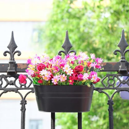 3 Pack Metal Railing Planters, 10.5" Oval Hanging Flower Pots with Detachable Hooks & Drainage Holes, Fits Rails up to 2.36", Galvanized Iron Fence Bucket for Balcony Garden Patio - Black - color: Black, size: 3 Pack, 10.5"L x 5.7"W x 4.7"H