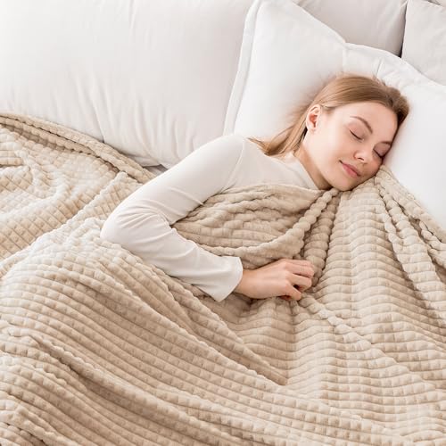 EMME Fleece Blanket, 3D Jacquard Throw Blanket for Couch and Bed, Soft Cozy and Fluffy Blankets Lightweight Luxury Flannel with Geometric Grid Design (Beige, 108" x 90") - color: 01-grid-beige, size: King
