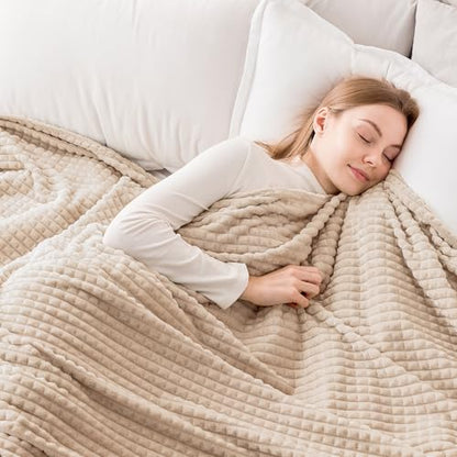 EMME Fleece Blanket, 3D Jacquard Throw Blanket for Couch and Bed, Soft Cozy and Fluffy Blankets Lightweight Luxury Flannel with Geometric Grid Design (Beige, 108" x 90") - color: 01-grid-beige, size: King