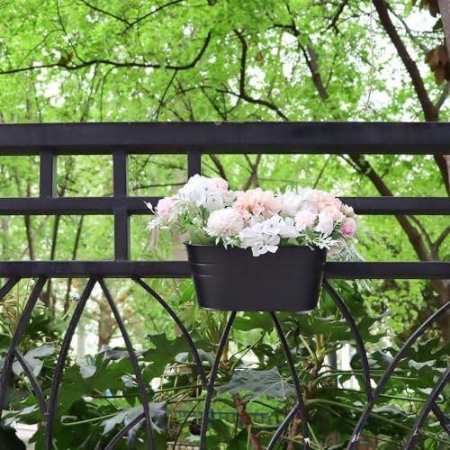 3 Pack Metal Railing Planters, 10.5" Oval Hanging Flower Pots with Detachable Hooks & Drainage Holes, Fits Rails up to 2.36", Galvanized Iron Fence Bucket for Balcony Garden Patio - Black - color: Black, size: 3 Pack, 10.5"L x 5.7"W x 4.7"H