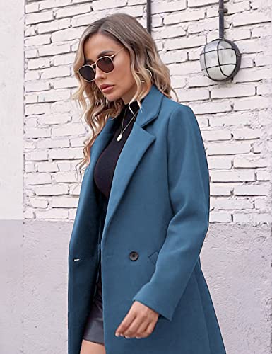 Hooever Women's Wool Coat Notch Lapel Double-Breasted Peacoat - color: Blue, size: Small