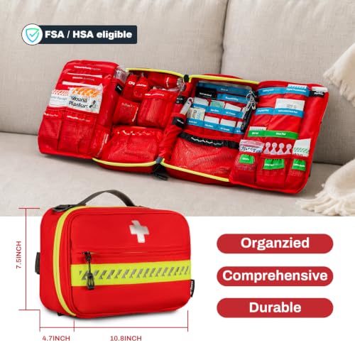 RHINO RESCUE Organized First Aid Kit, Labeled Medical Kit Fully Stocked | Labeled Storage Space with Zip Stitch Wound Closure, Ideal for Car, Travel, Hiking, Home, Businesses, HSA/FSA Approved(Large)