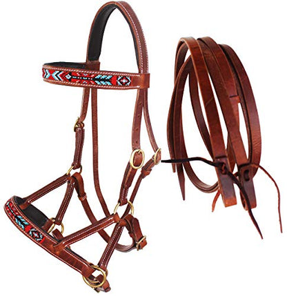 Horse Brown Leather Beaded Bitless Padded Sidepull Bridle w/ Reins 77RS17 - color: Tan/Beaded