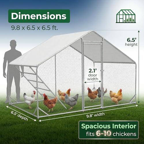 CHIKENCOOP 9.8 x 6.5 x 6.5 ft Metal Chicken Coop, Chicken Run with Cover - size: 118.0"L x 80.0"W x 80.0"H
