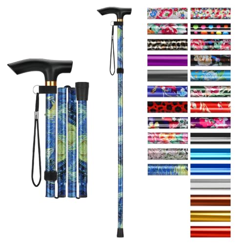 supregear Folding Cane, 5-Level Adjustable Height Walking Stick Lightweight Collapsible Portable Travel Cane with Wrist Strap and T Handle for Elderly Disabled Men Women - color: Oriental Blue