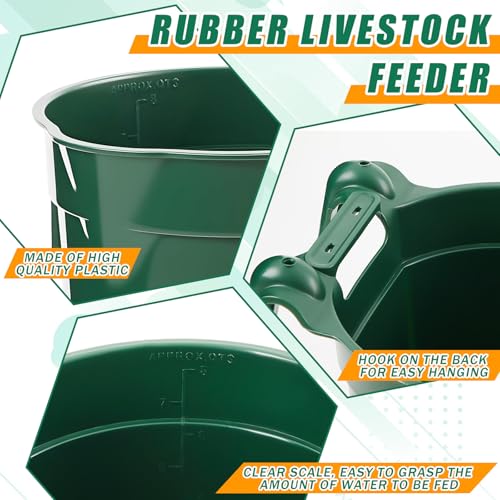Reallnaive 4 Pcs 8.5 Quart Hook Over Horse Feed Bucket, Hanging Plastic Livestock Animals Feed Bucket for Stall, Mountable Round Horse Goats Feeder for Feeding and Watering Supplies