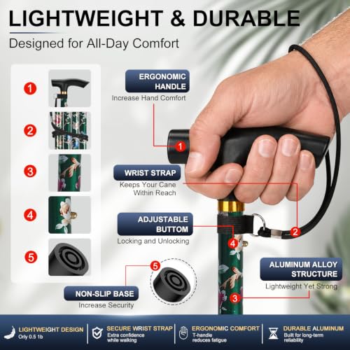 supregear Folding Cane, 5-Level Adjustable Height Walking Stick Lightweight Collapsible Portable Travel Cane with Wrist Strap and T Handle for Elderly Disabled Men Women - color: Green Floral
