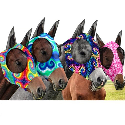 Frienda 4 Pcs Horse Fly Mask with Ears Mesh Comfort, Tie-dye, Large - size: Large