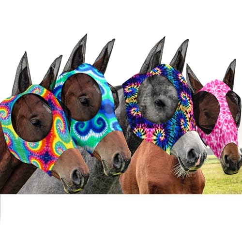 Frienda 4 Pcs Horse Fly Mask with Ears Mesh Comfort, Tie-dye, Medium - size: Medium
