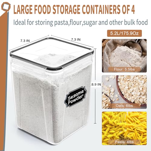 PRAKI Large Airtight Food Storage Containers 5.2L / 195oz, 4pcs Pantry Kitchen Organizers and Storage for Flour, Sugar, Baking Supplies, BPA Free, Plastic Flour Containers with 20 Labels & Maker - size: 5.2 l