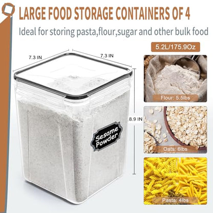 PRAKI Large Airtight Food Storage Containers 5.2L / 195oz, 4pcs Pantry Kitchen Organizers and Storage for Flour, Sugar, Baking Supplies, BPA Free, Plastic Flour Containers with 20 Labels & Maker - size: 5.2 l
