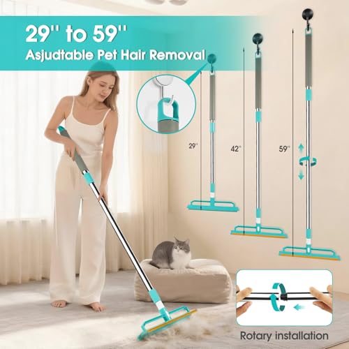 Carpet Rake for Pet Hair Removal, 2 in 1 Silicone and Copper Rake Teeth Carpet Rake with 59” Adjustable Long Handle, Reusable Pet Hair Remover Tool Kit with Carpet Scraper and Glove - size: 59”