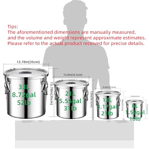 304 stainless steel food storage containers with lids lock clips airtight container large airtight for rice flour sugar grain coffee bean storage containers Kitchen jar (3.17gal/12L) - size: 3.17gal