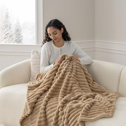 Berkshire Ribbed VelvetLoft® Throw – 330gsm Medium Weight Plush, Extra Soft & Warm Plush Throw Blanket for Bedroom, Couch, Travel – Durable & Easy Care(Irish Cream, Throw Size 50" x 60") - color: Irish Cream, size: Throw (50 in x 60 in)
