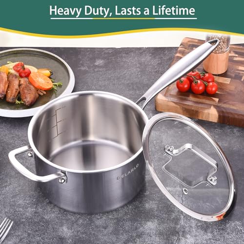 DELARLO Full-body Clad Tri-ply Stainless Steel 3.5 Quart Saucepan with Lid - color: Silver, size: 3.5 Quarts