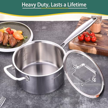 DELARLO Full-body Clad Tri-ply Stainless Steel 3.5 Quart Saucepan with Lid - color: Silver, size: 3.5 Quarts