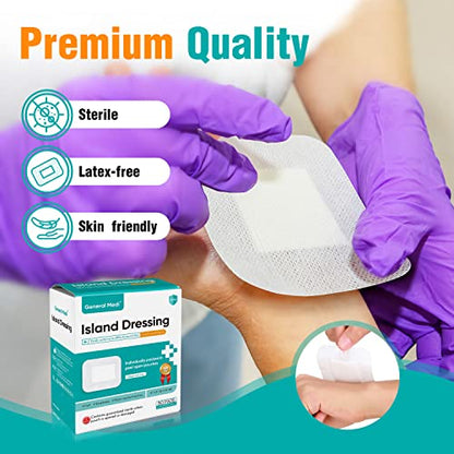 General Medi Sterile Island Dressing Bordered Gauze – 50 Count, 4" x 4" Gauze Pads, Wound Care Pad with Adhesive Border - Sterile, Soft & Highly Absorbent Medical Grade Dressing Pad - size: 4" x 4"(50 Count)