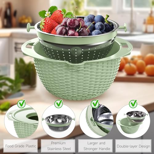 4-1 Strainer with Bowl & Spoons Set - Strainers and Colanders - Colanders for kitchen(Patented) - Pasta Strainer with Upgraded Graters & Spoons for Fruit Veggie Kitchen Essentials, Green - color: Green