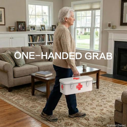 Orionstar Metal First Aid Box with Handle, 3 Pill Organizers, White - color: White